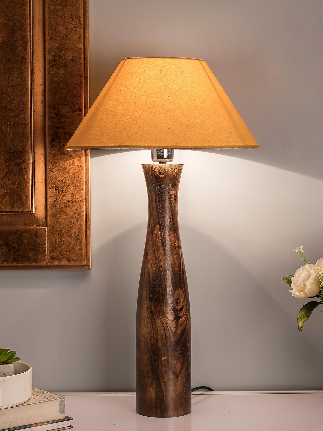 

Homesake Brown Solid Antique Timber Handcrafted Table Lamp with Shade