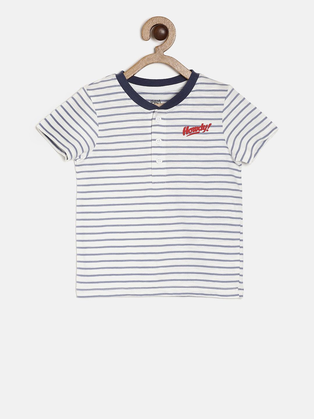

MINI KLUB Boys White Striped Henley Neck Pure Cotton T-shirt
