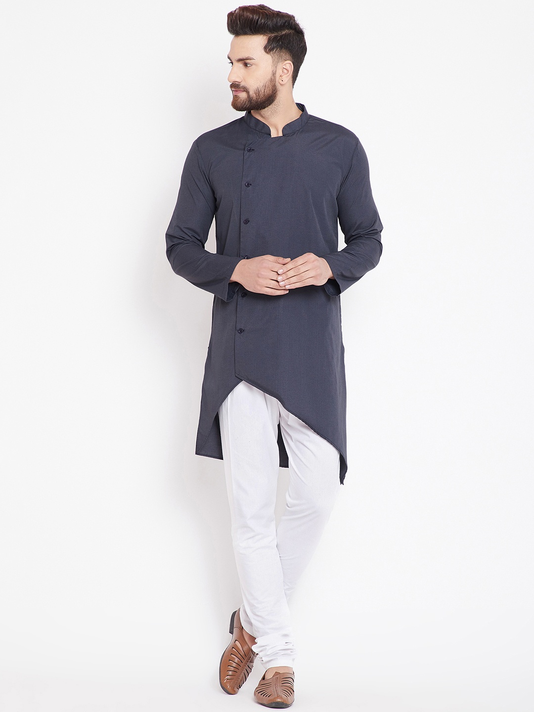 

even Men Navy Blue Solid Straight Asymmetric Kurta