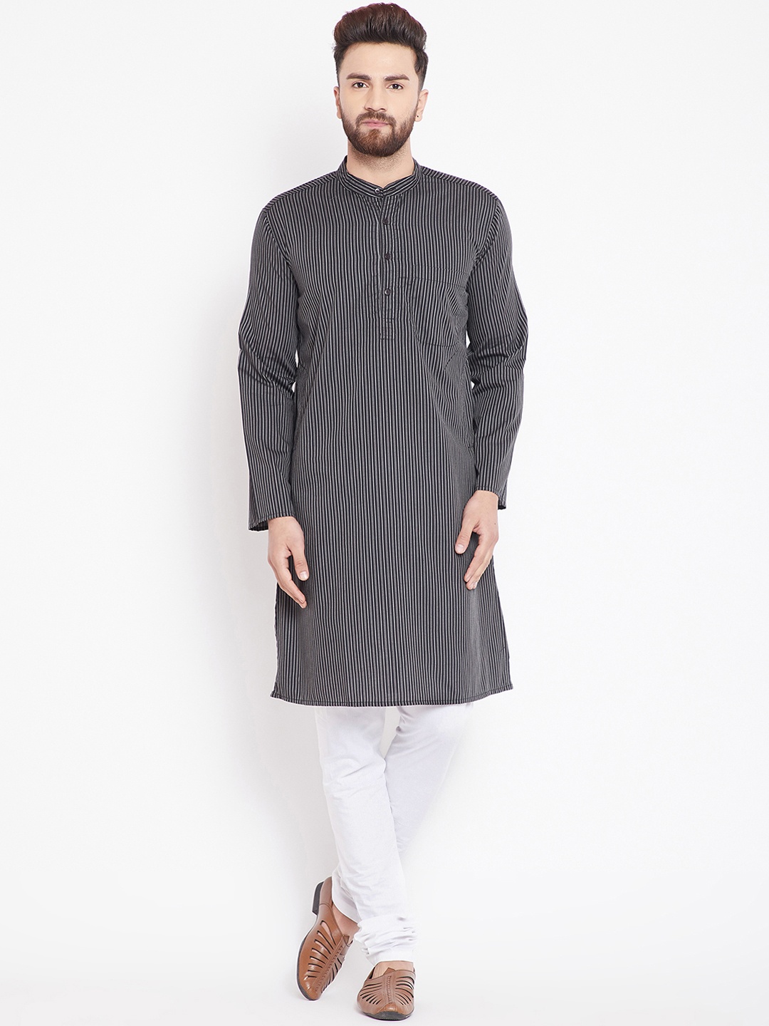 

even Men Black Striped Straight Kurta