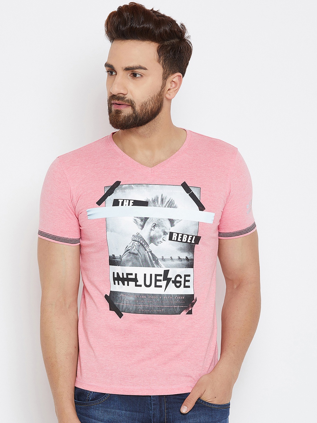 

Duke Men Pink Printed V-Neck Sim Fit T-shirt