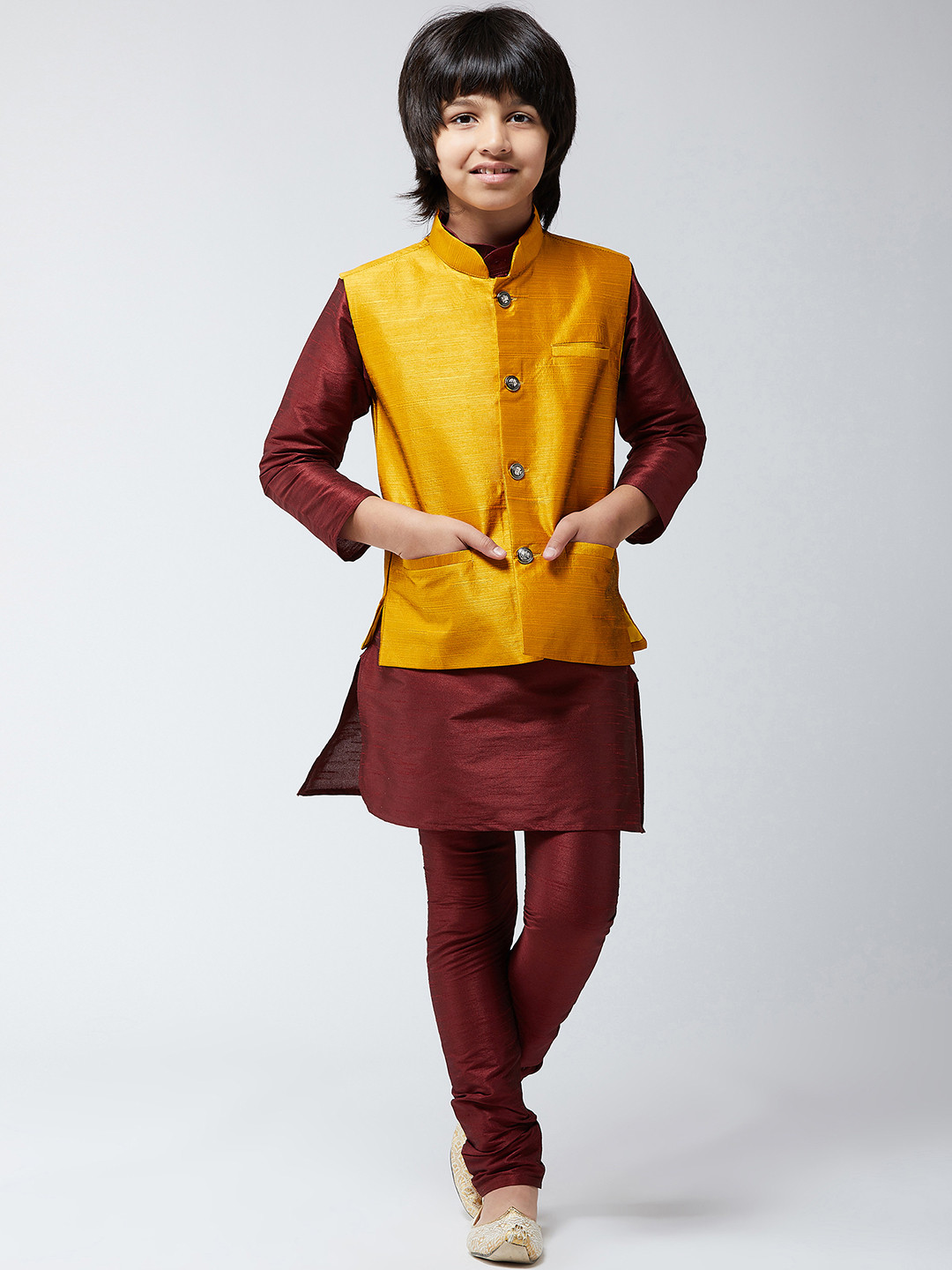 

SOJANYA Boys Maroon & Mustard Yellow Solid Kurta with Churidar