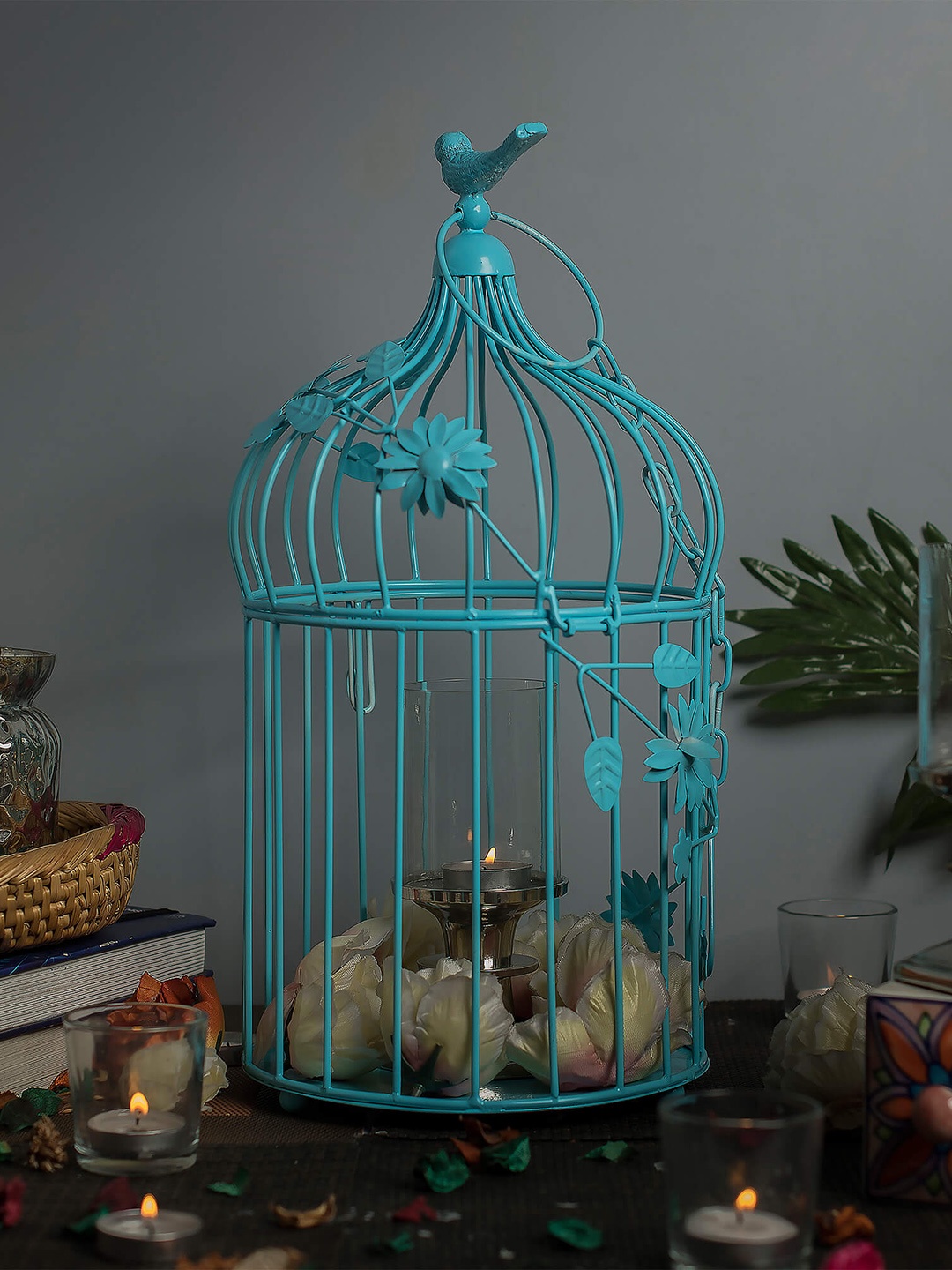 

Homesake Turquoise Blue Bird Cage with Floral Vine With Hanging Chain