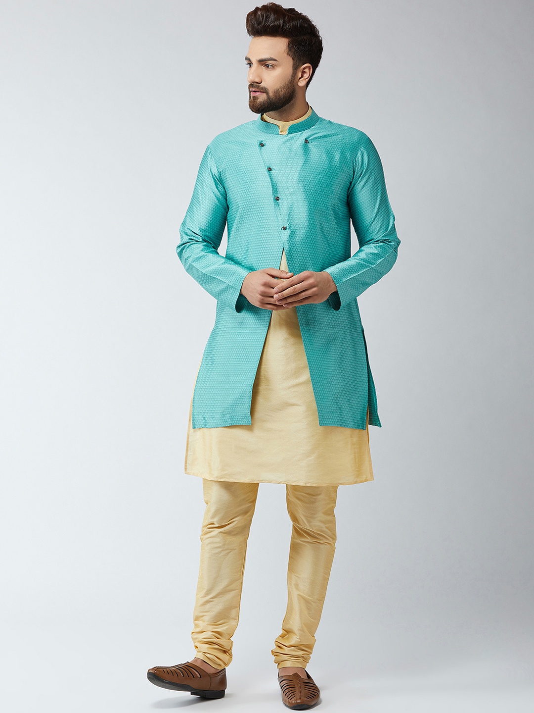 

SOJANYA Men Beige & Turquoise Blue Self Design Kurta with Churidar