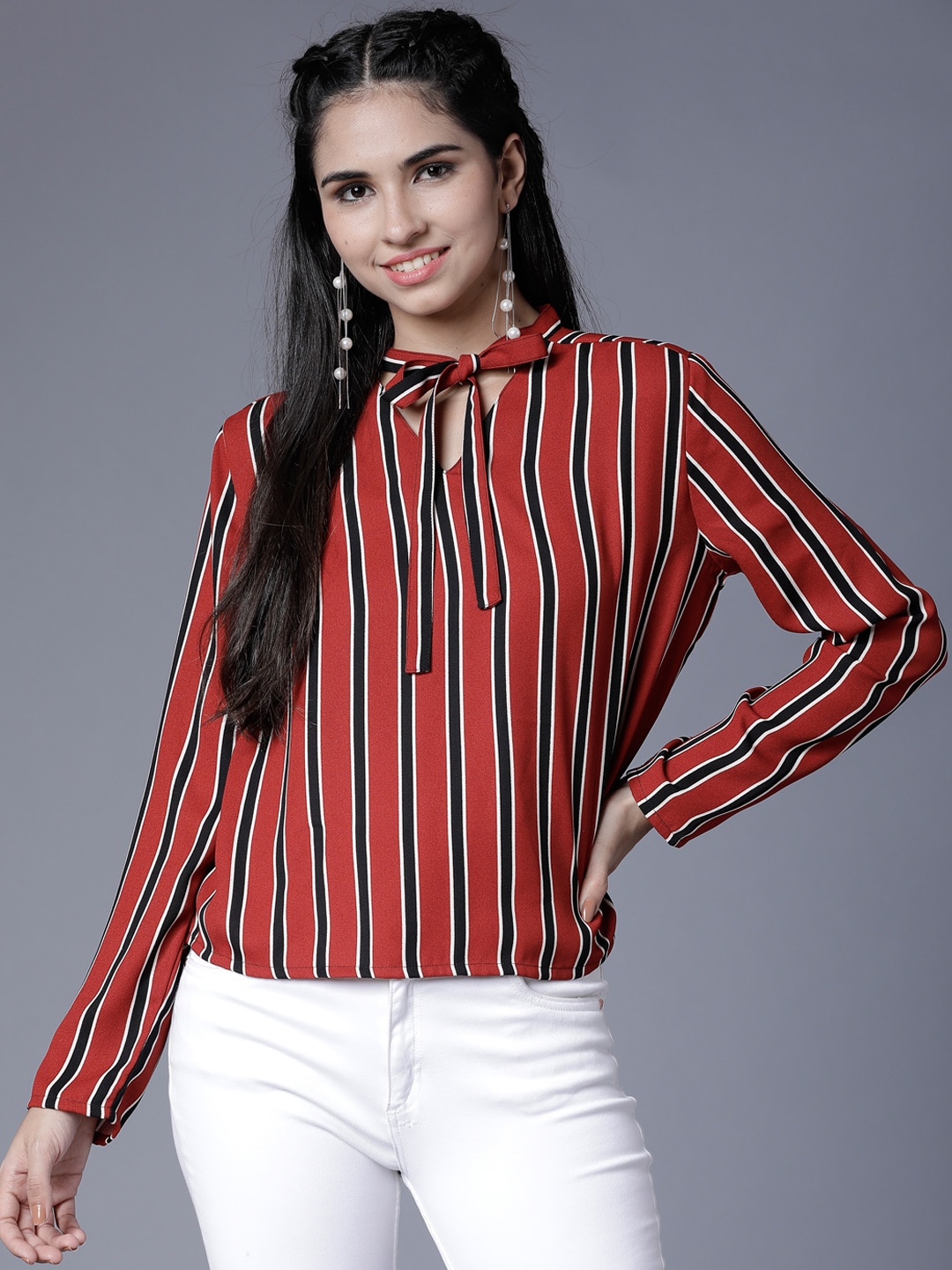

Tokyo Talkies Women Red & Black Striped Top