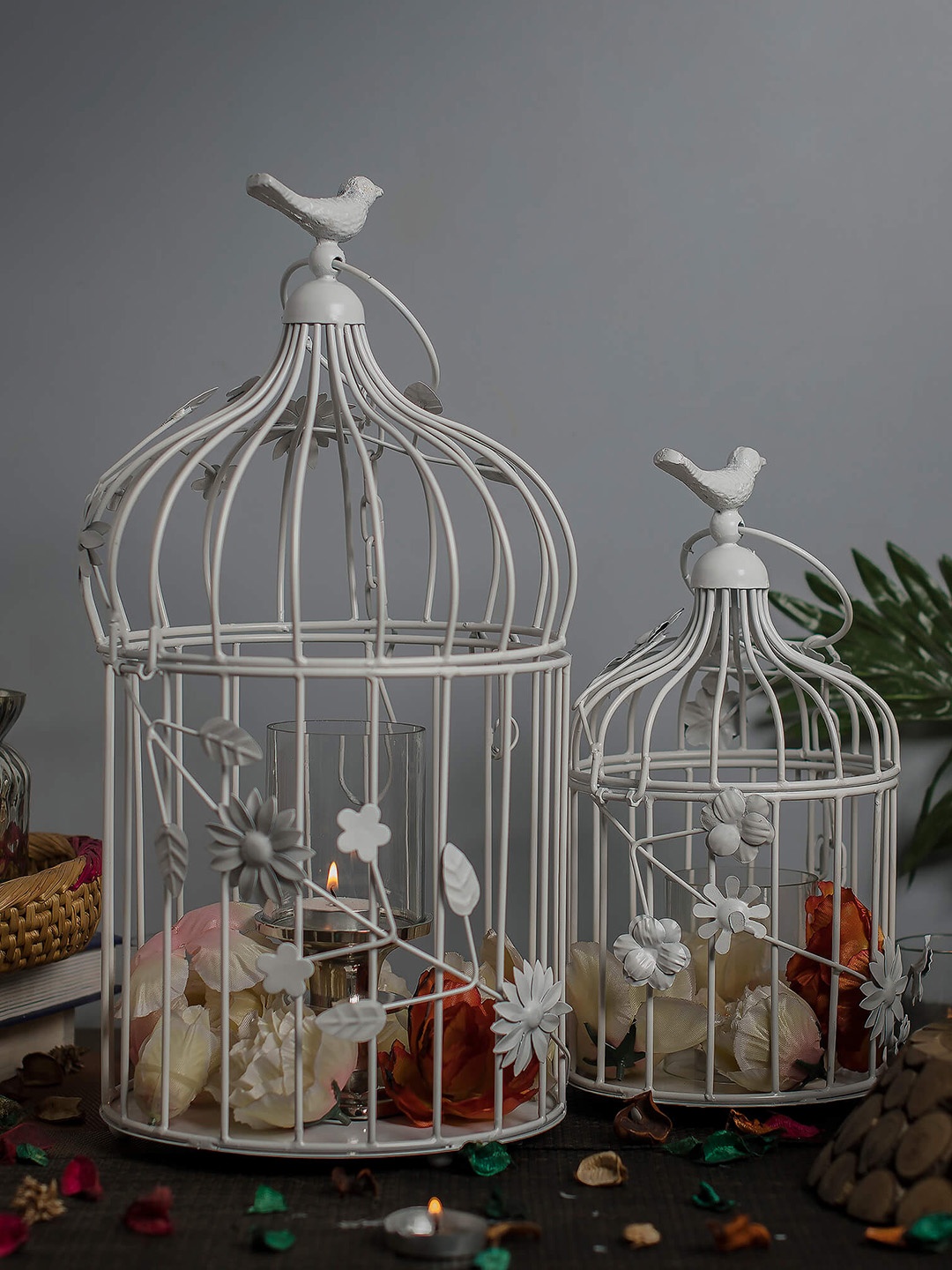 Homesake White Set of 2 Hand-Crafted Bird Cages With Hanging Chain