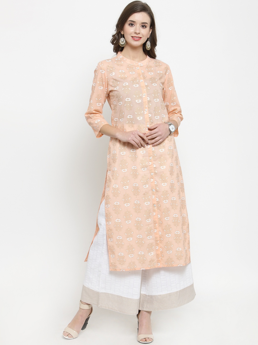 

Varanga Women Peach-Coloured & White Printed Kurta with Palazzos