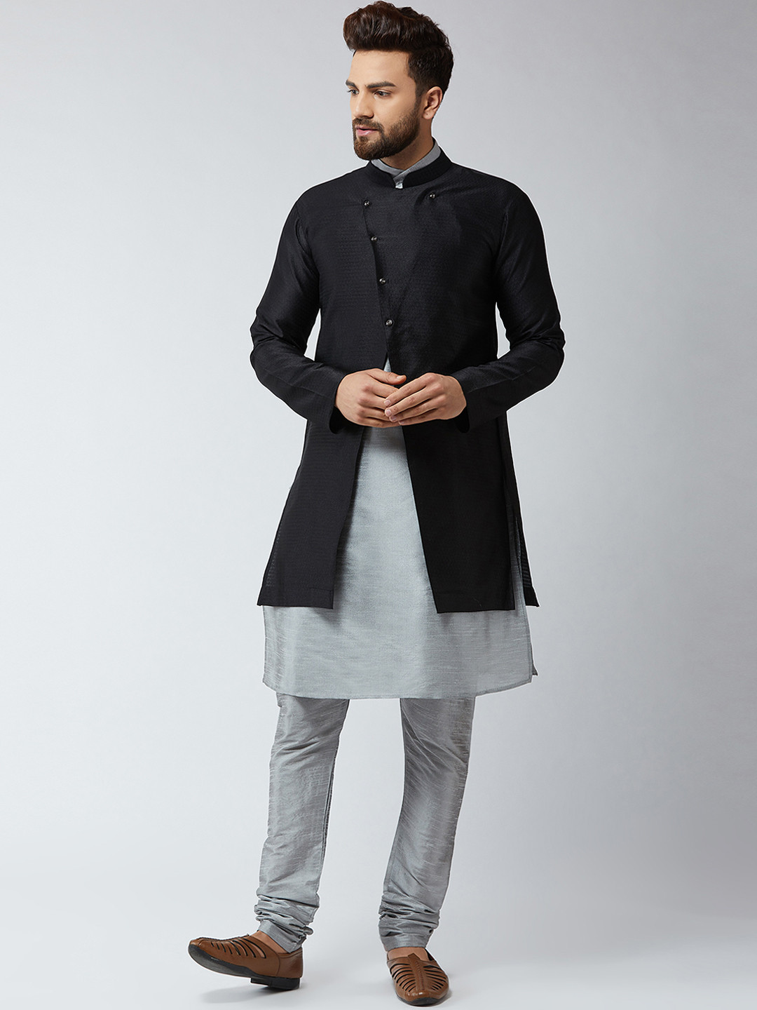 

SOJANYA Men Grey & Black Self Design Kurta with Churidar