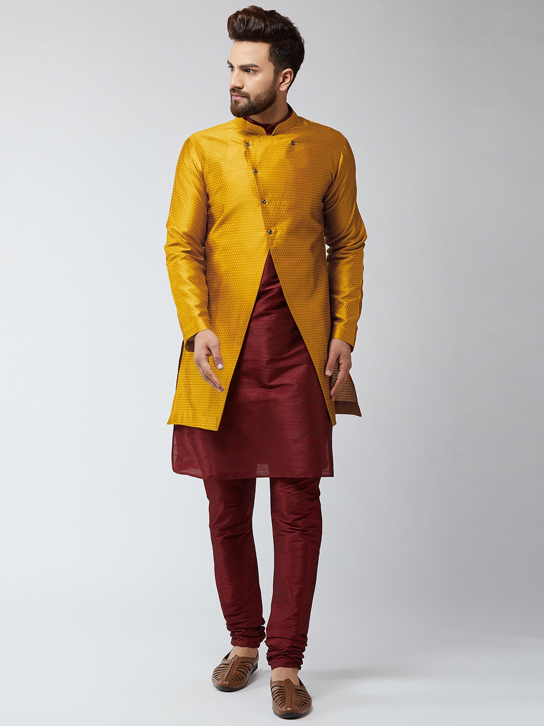 SOJANYA Men Maroon & Mustard Yellow Self Design Kurta with Churidar