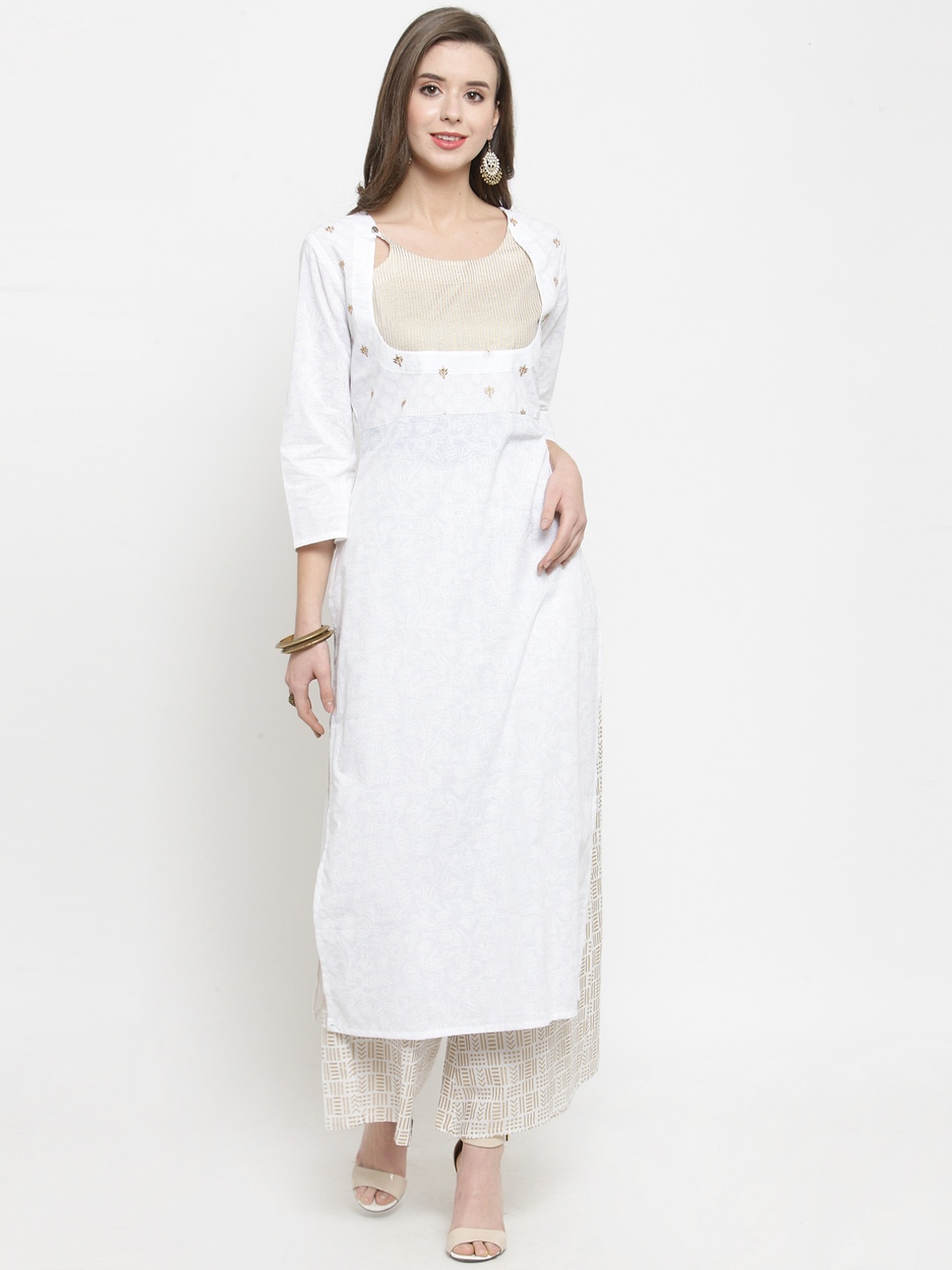 

Varanga Women White & Golden-Coloured Embroidered Kurta with Palazzos