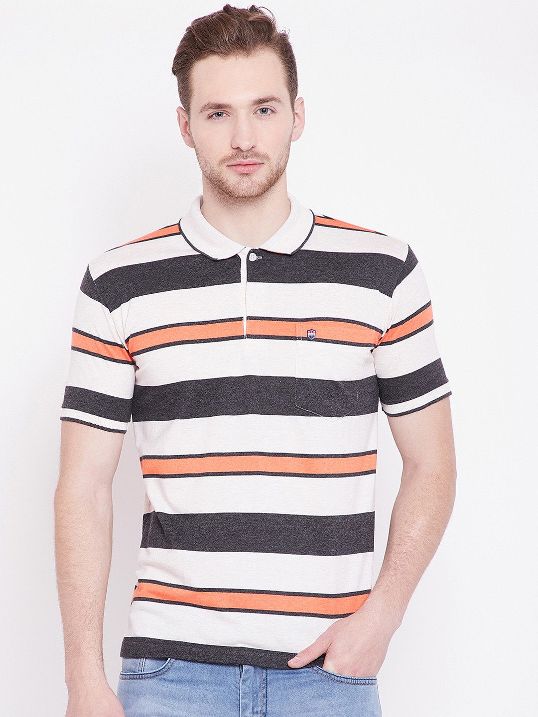 

Duke Men White Striped Polo Collar T-shirt