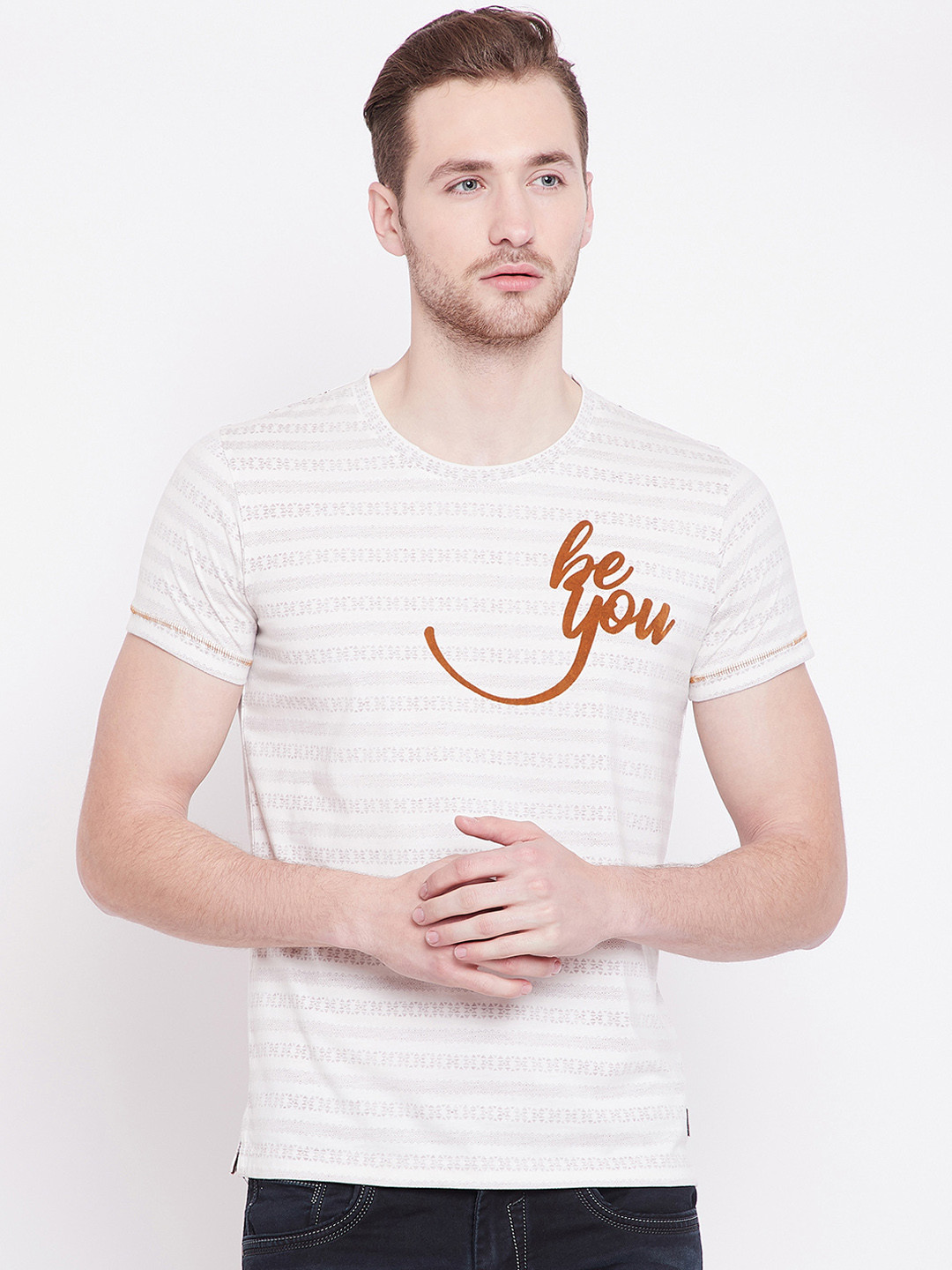 

Duke Men Off-White Striped Round Neck Slim Fit T-shirt