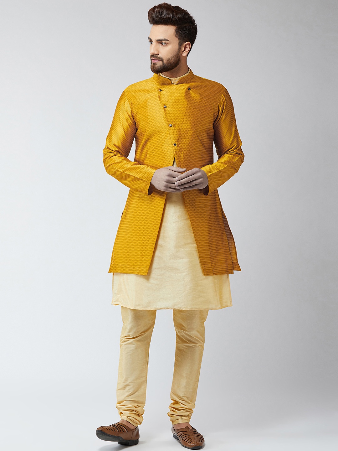 SOJANYA Men Beige & Mustard Yellow Self Design Kurta with Churidar