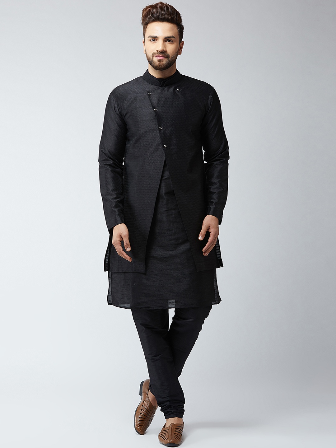 

SOJANYA Men Black Self Design Kurta with Churidar
