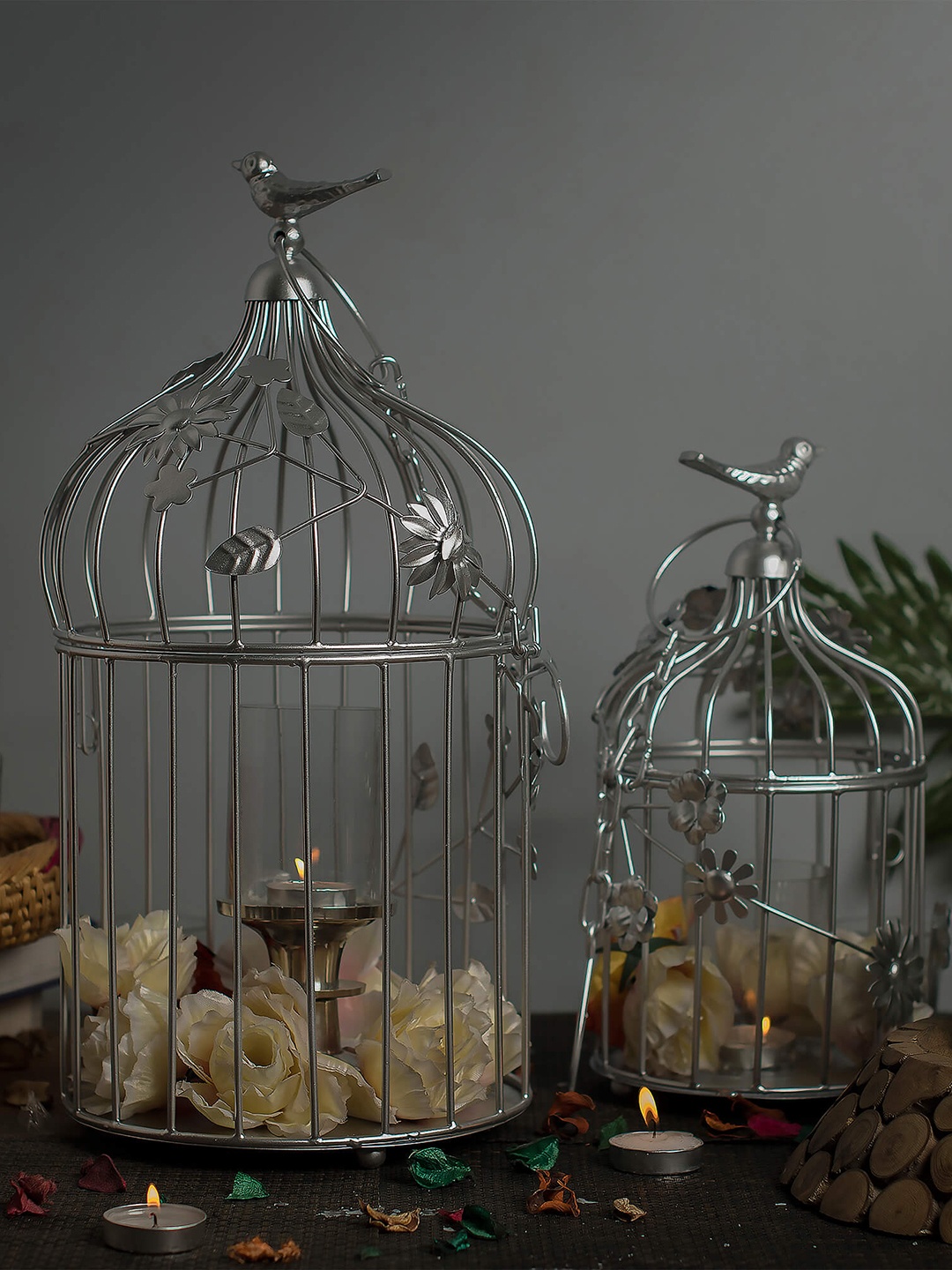 Homesake Set of 2 Silver-Toned Hand-Crafted Bird Cages with Hanging Chain