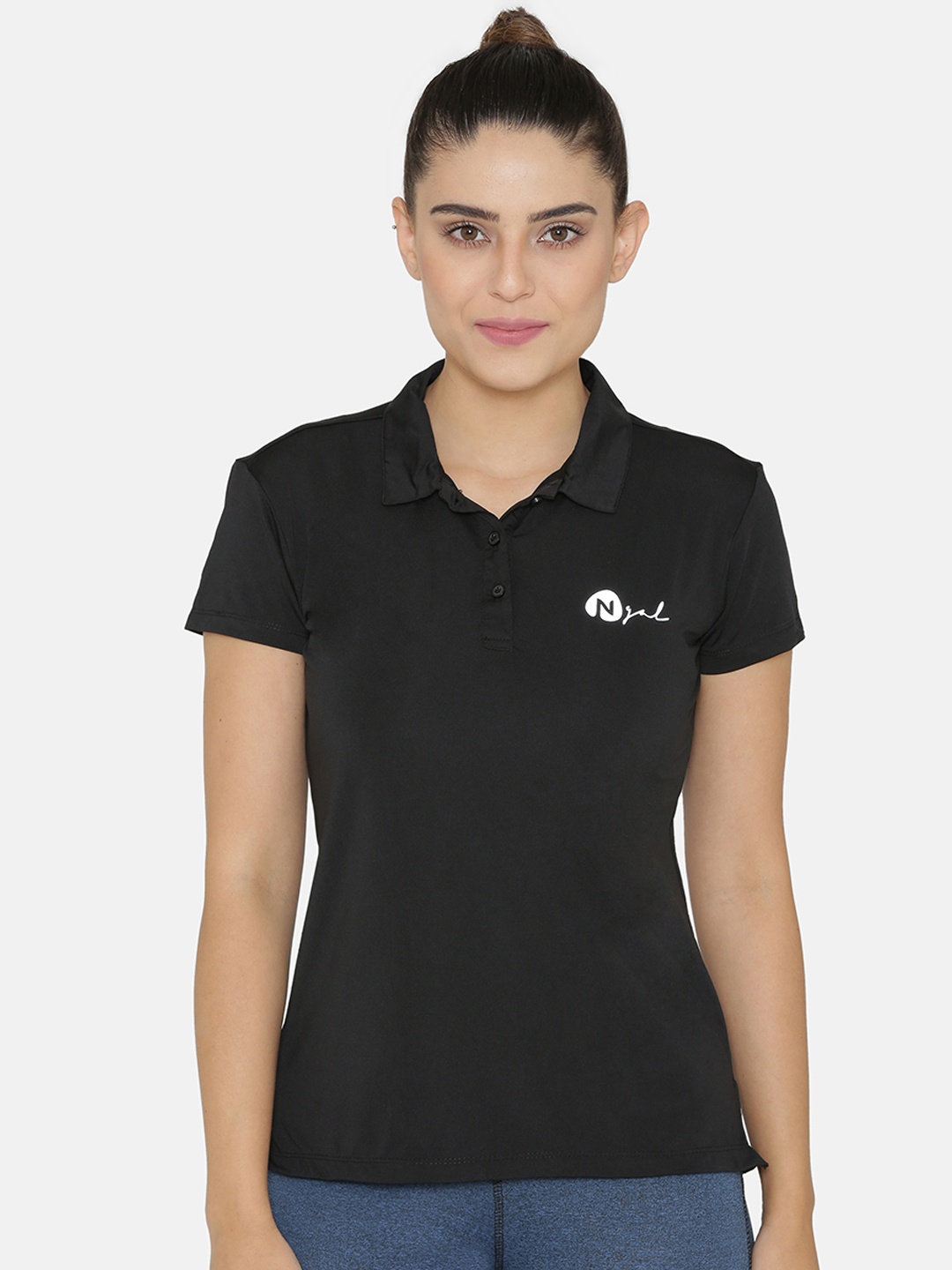 N-Gal Women Black Solid Polo Slim Fit Collar T-shirt