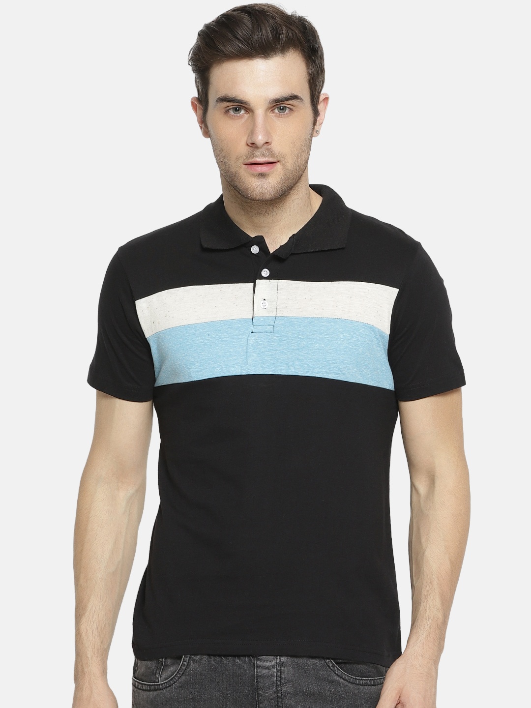 Campus Sutra Men Black Colourblocked Polo Collar T-shirt
