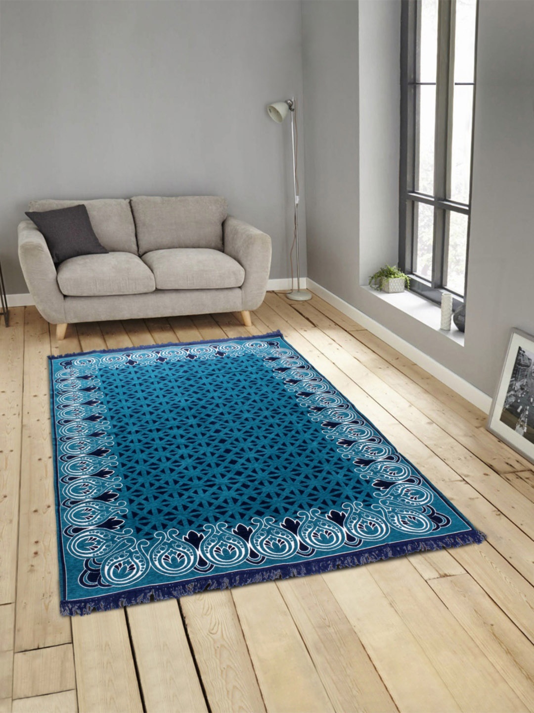 

ROMEE Turquoise Blue Polyester Printed Anti-Skid Carpet