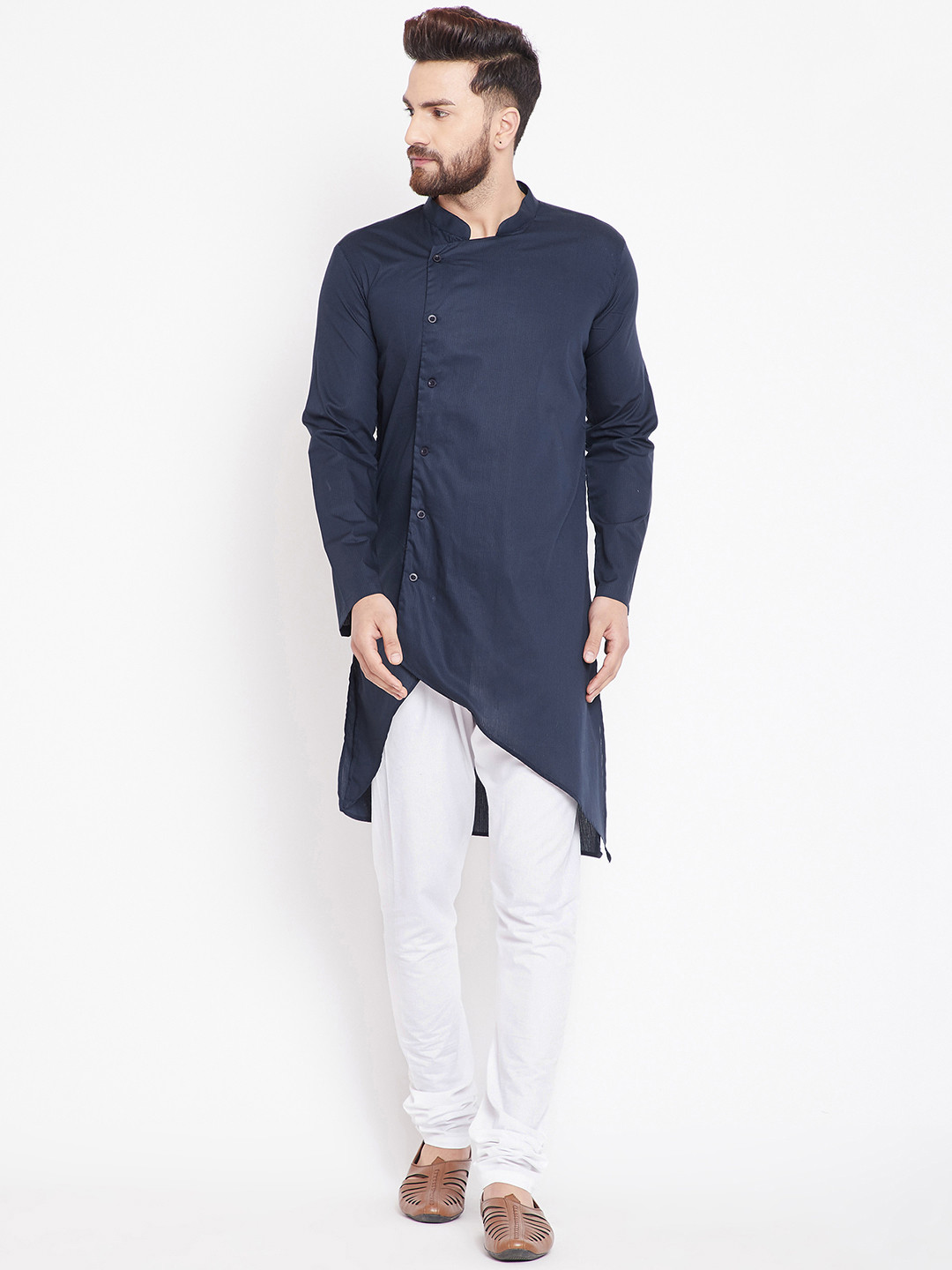 

even Men Navy Blue Solid Self-Striped Straight Kurta