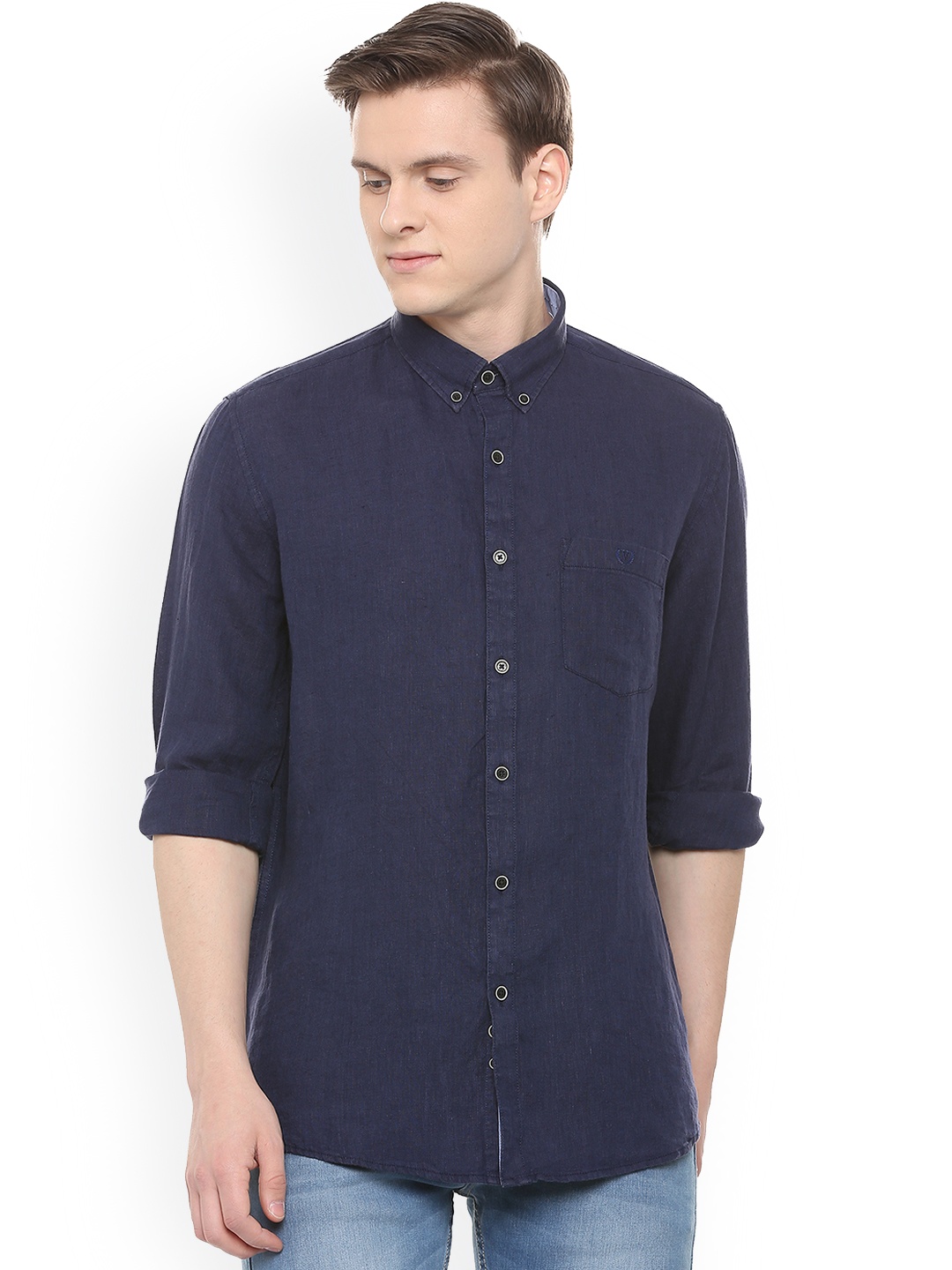 

Van Heusen Sport Men Blue Slim Fit Solid Linen Casual Shirt