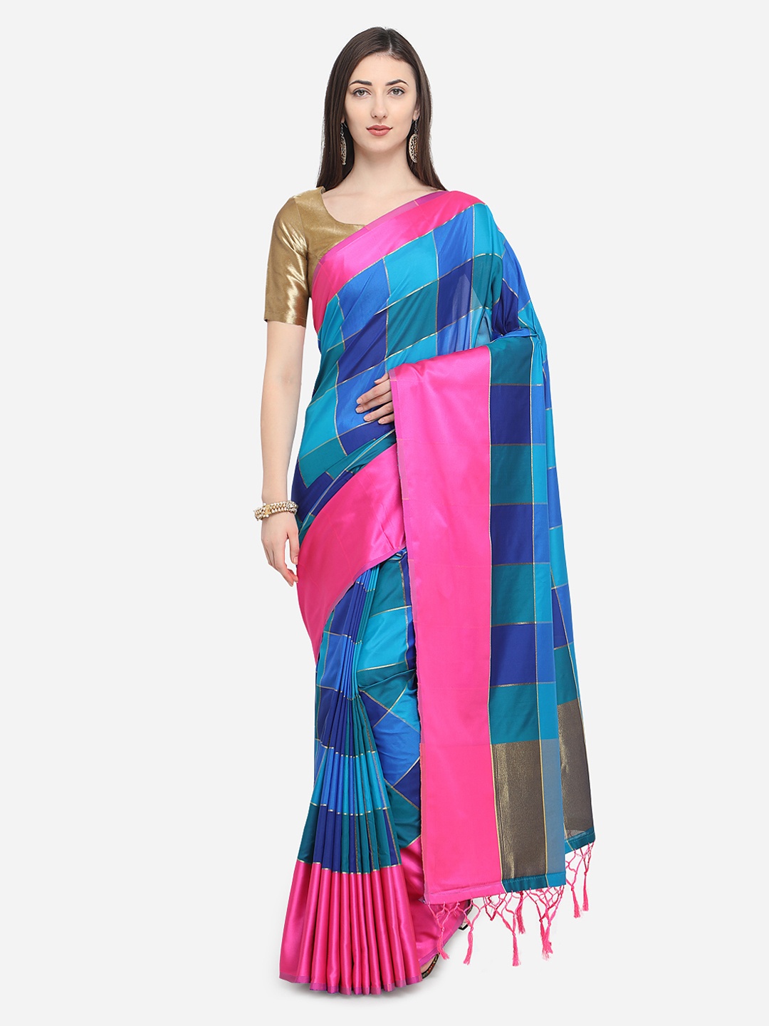 

MOKSHA DESIGNS Blue & Pink Pure Silk Checked Ikat Saree