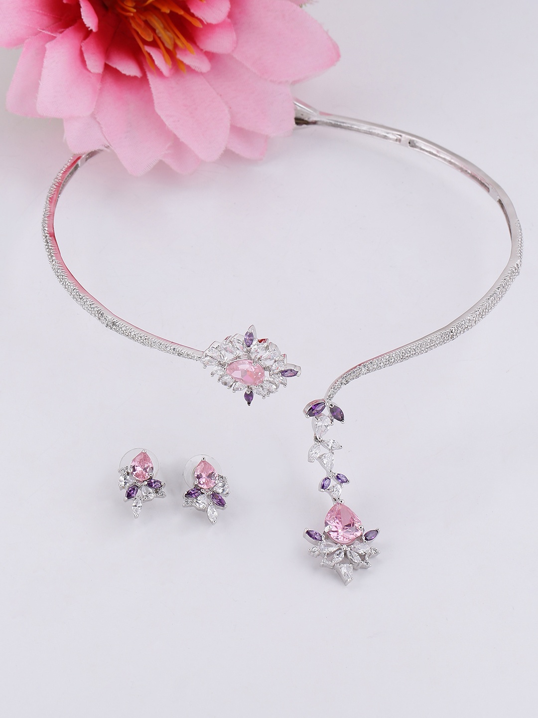 

Studio Voylla Women Silver-Plated & Pink Handcrafted Jewellery Set