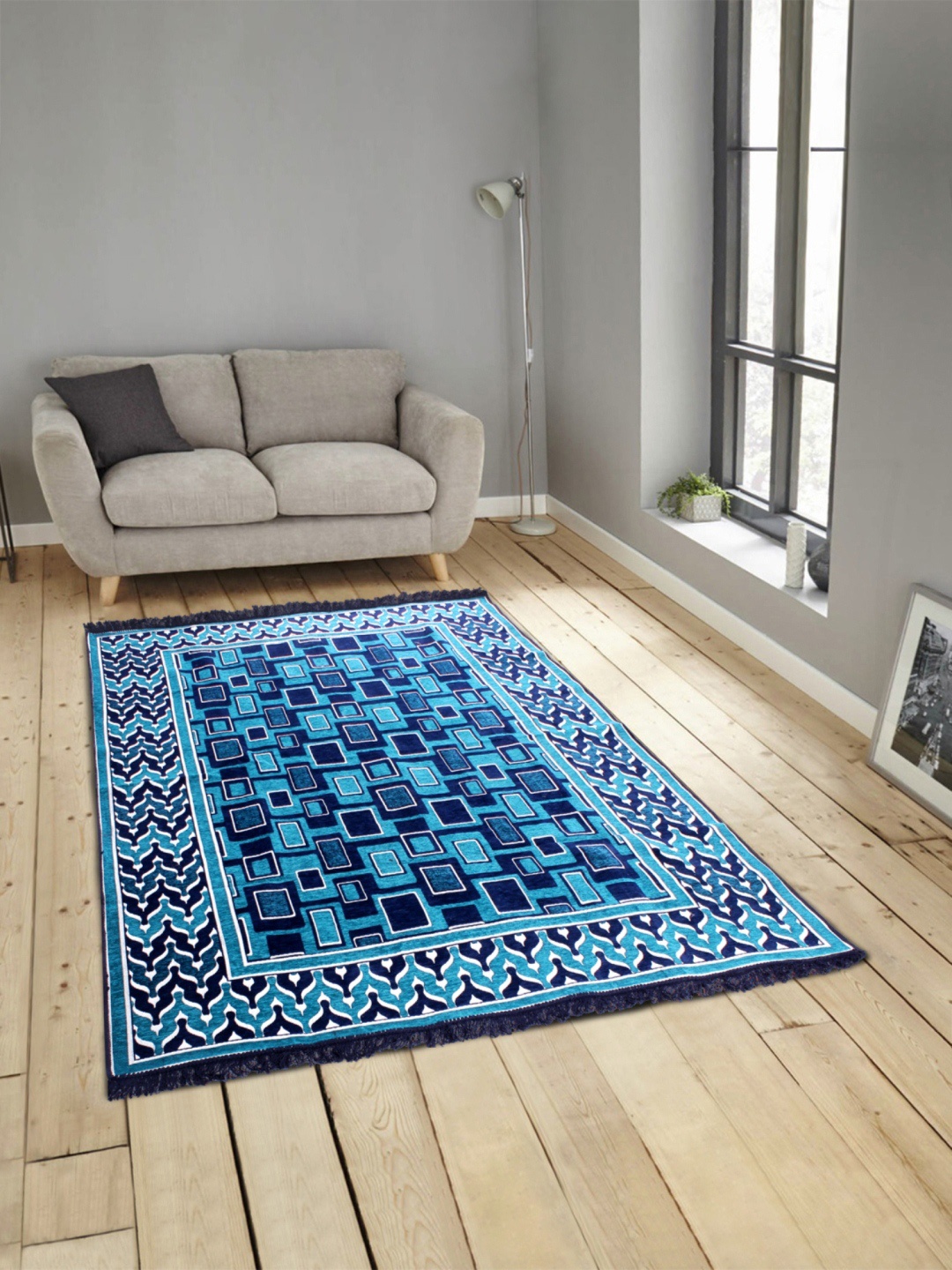 

ROMEE Turquoise Blue Polyester Printed Anti-Skid Carpet