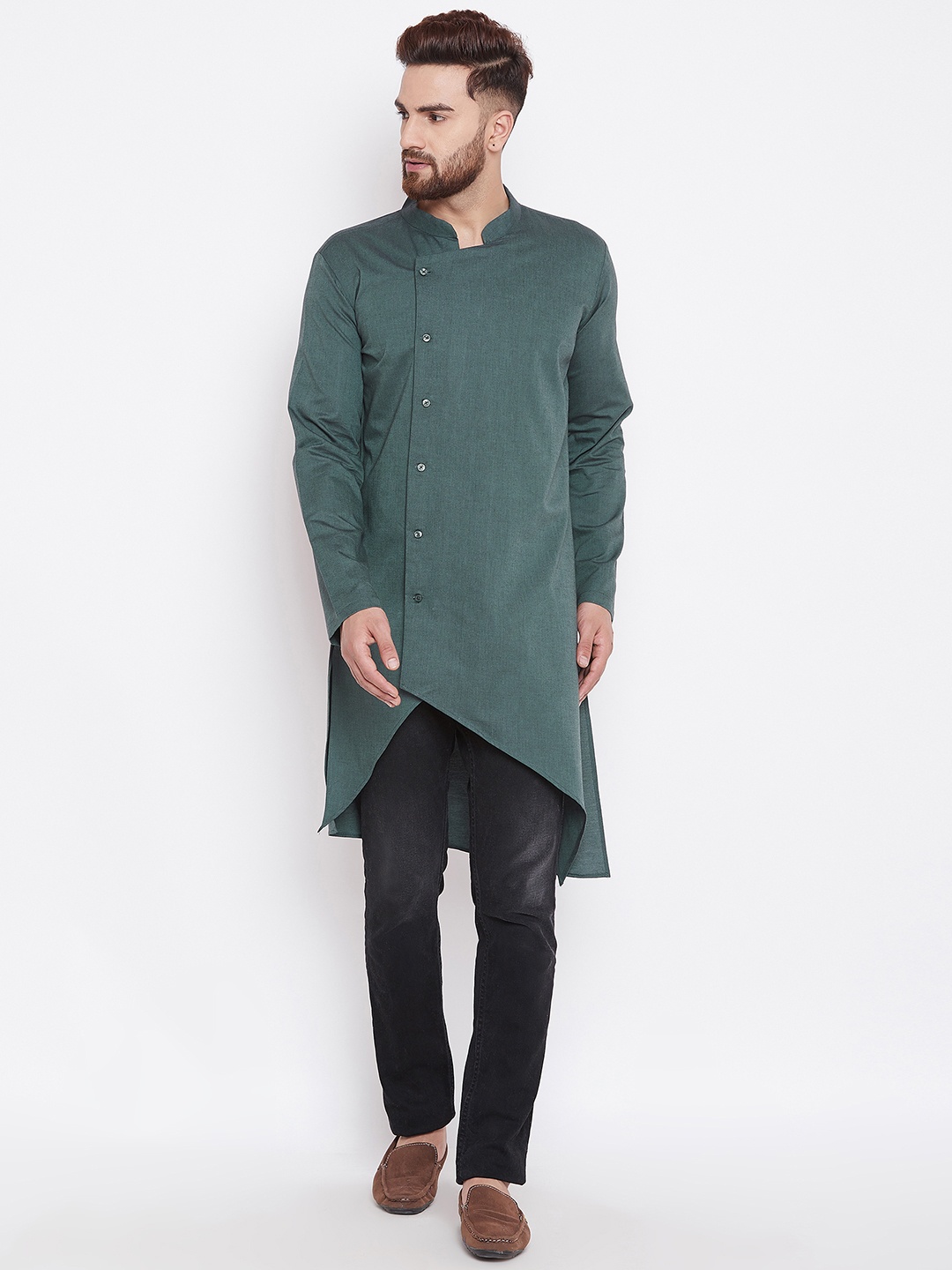 even Men Green Solid Asymmetric Straight Kurta