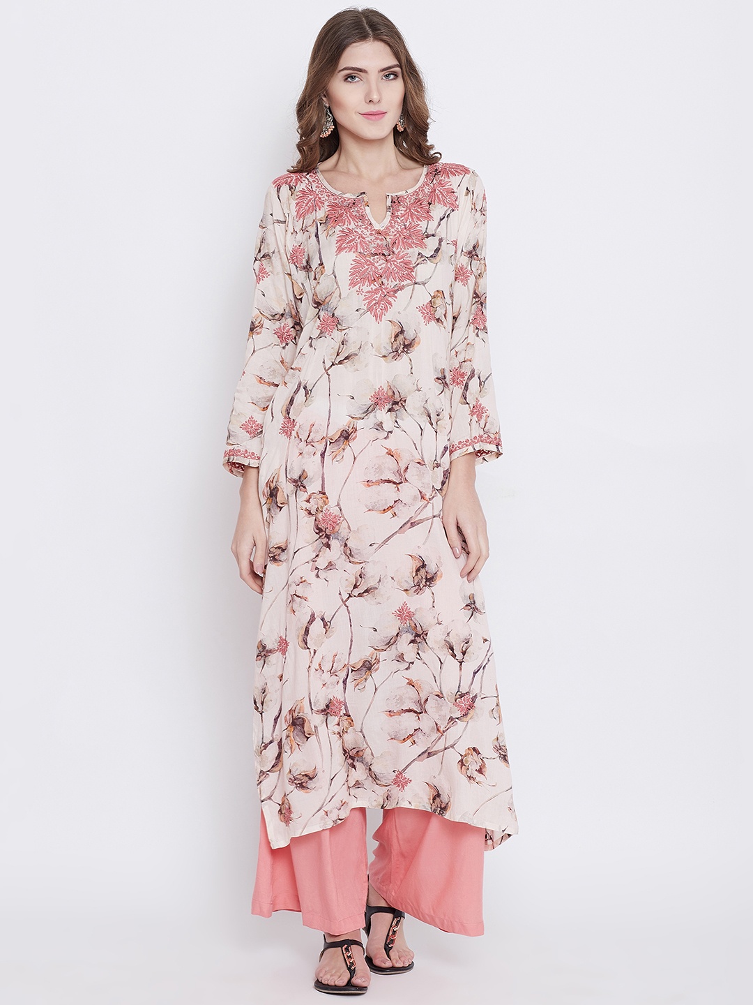 

The Kaftan Company Women Peach-Coloured & Beige Embroidered Straight Kurta