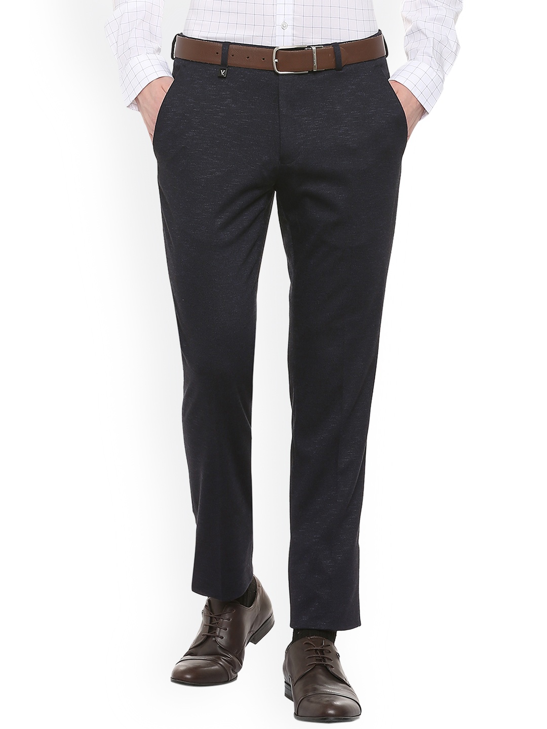 V Dot Men Navy Blue Skinny Fit Solid Formal Trousers
