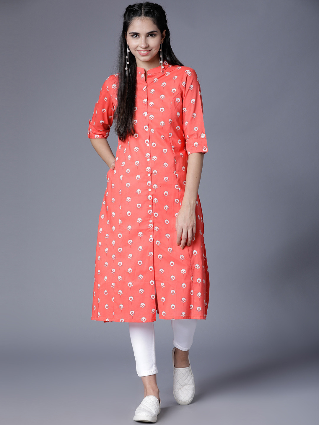 

Folklore Women Coral Pink Printed A-Line Kurta