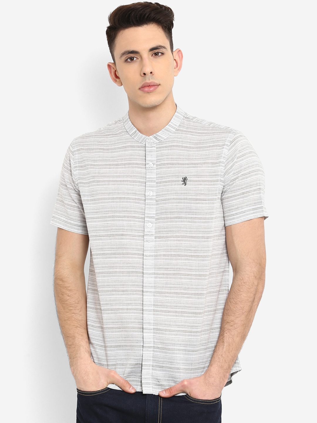 

Red Tape Men Off-White & Grey Regular Fit Striped Casual Shirt