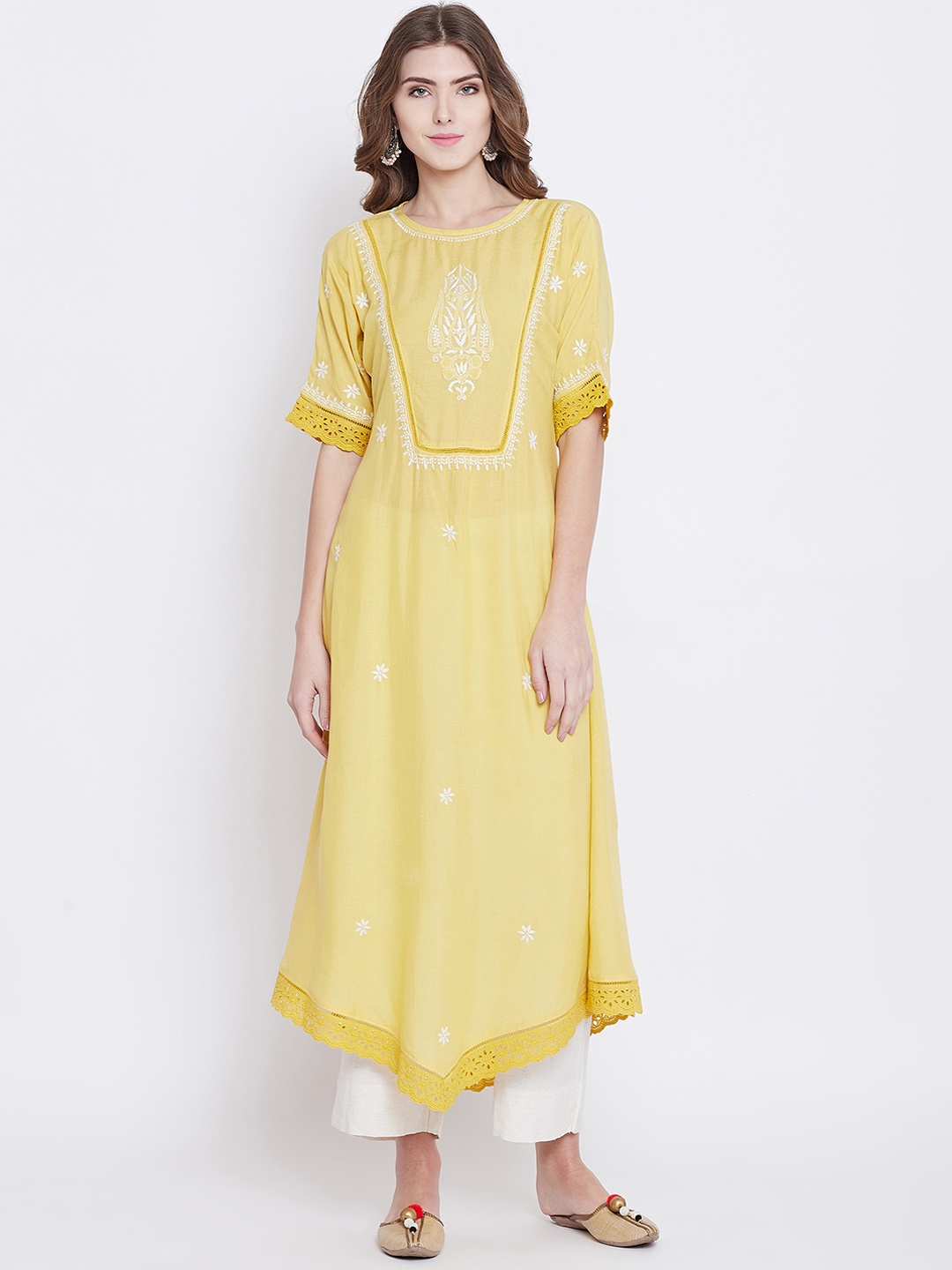 

The Kaftan Company Women Yellow Embroidered A-Line Kurta
