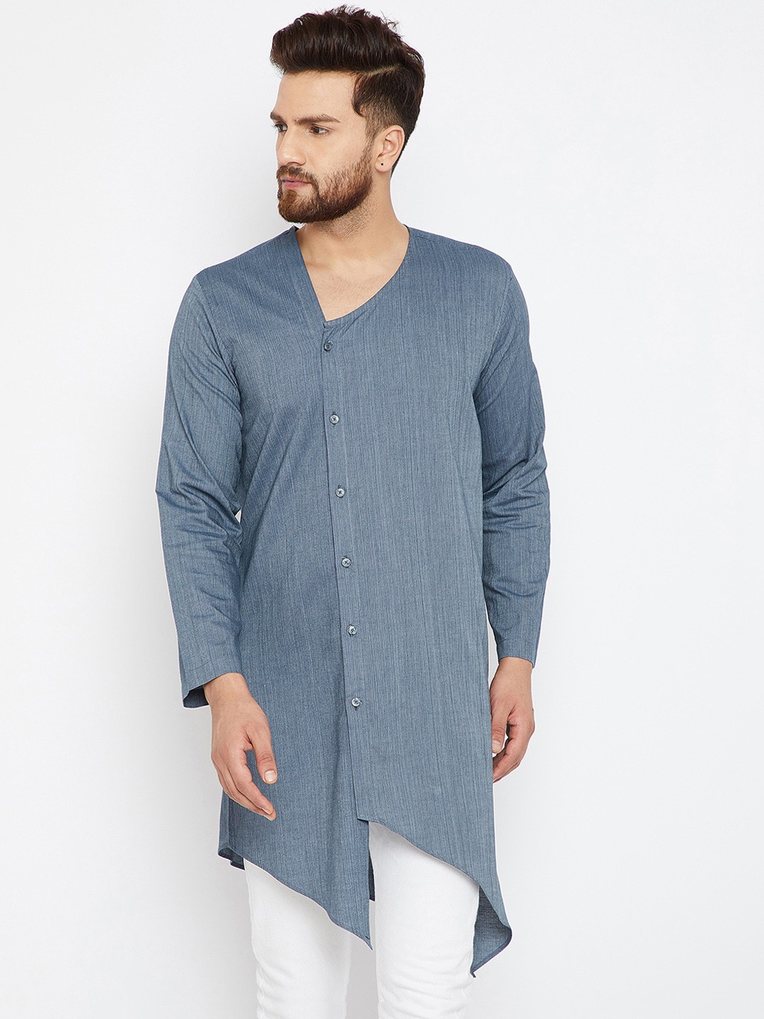 

even Men Blue & Grey Self-Striped Straight Kurta