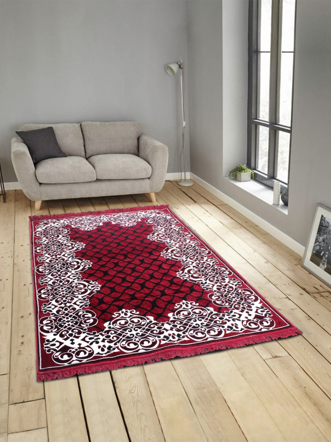 ROMEE Maroon & Black Polyester Printed Anti-Skid Carpet