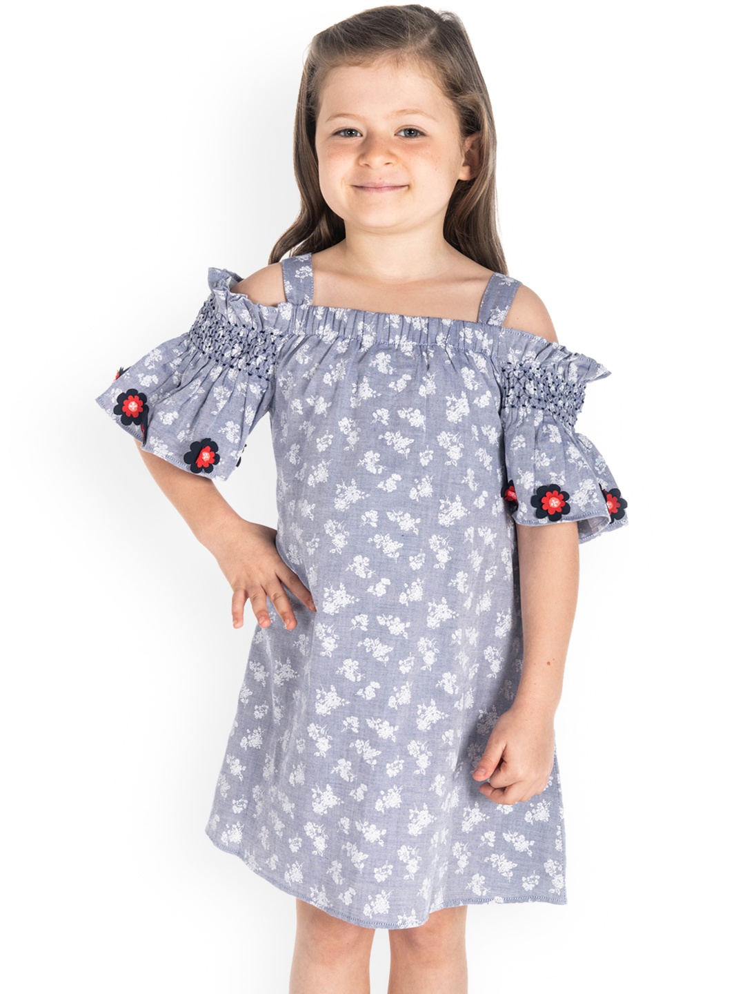 Cherry Crumble Girls Blue & White Printed A-Line Dress