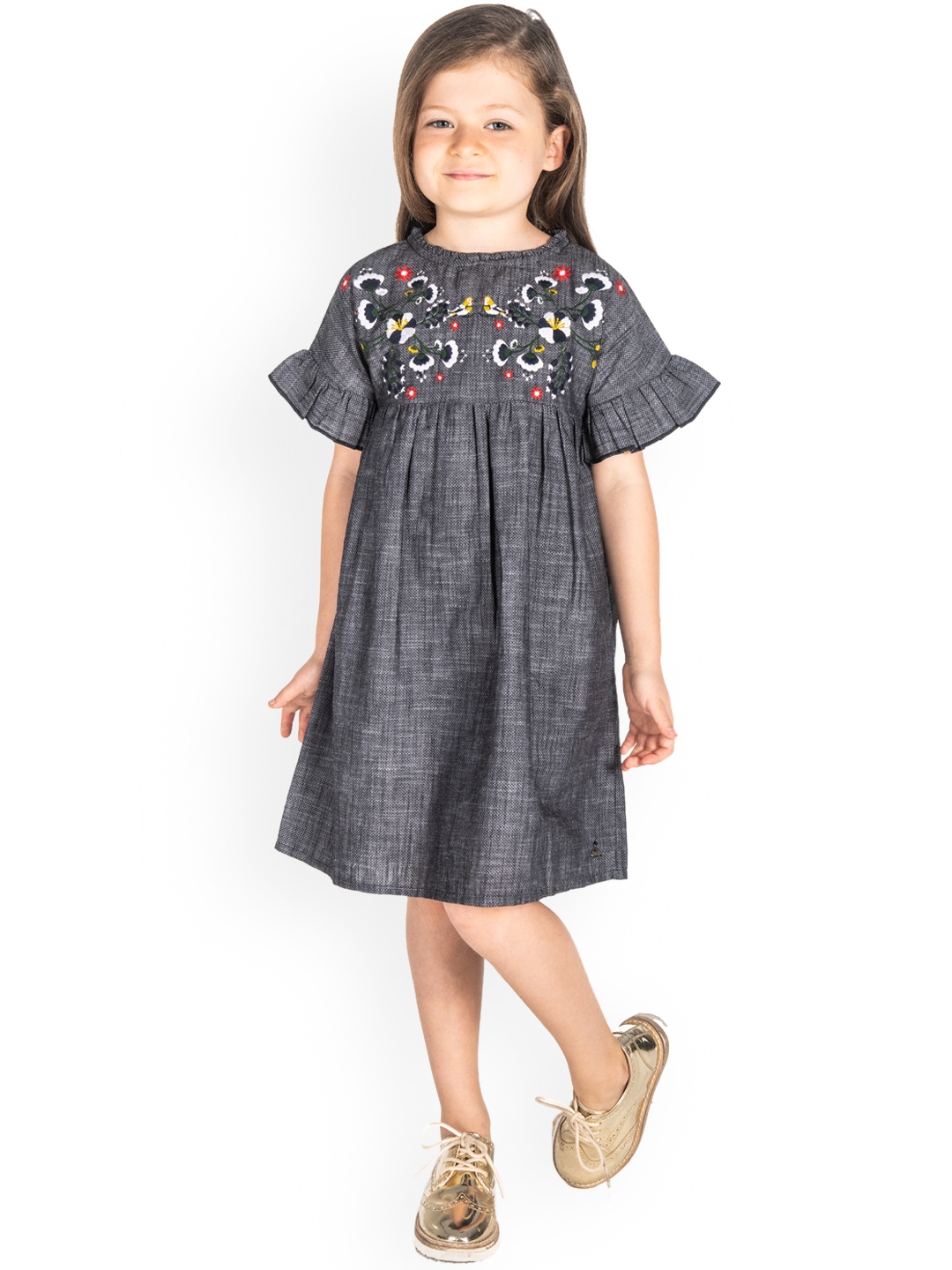 

Cherry Crumble Girls Grey Solid A-Line Dress