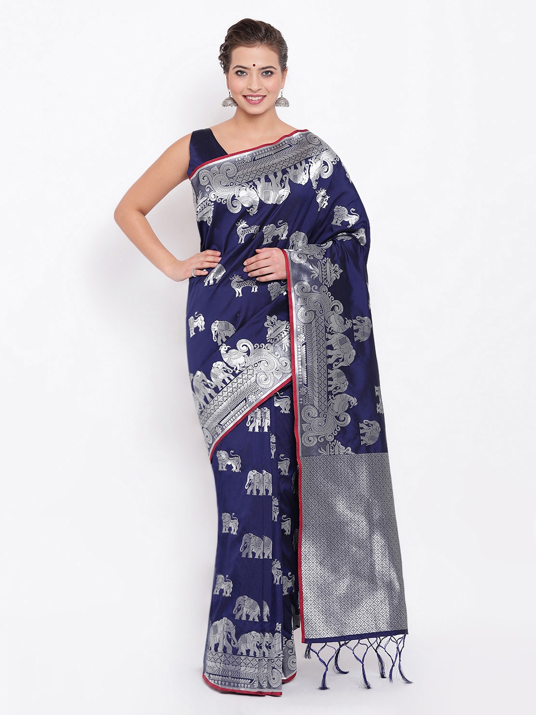 

Kvsfab Navy Blue Woven Design Silk Blend Saree