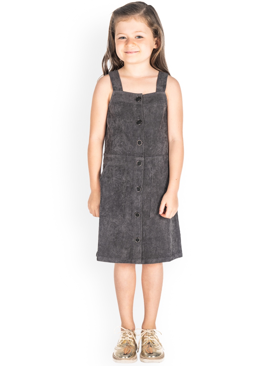 Cherry Crumble Girls Grey Solid Corduroy A-Line Dress