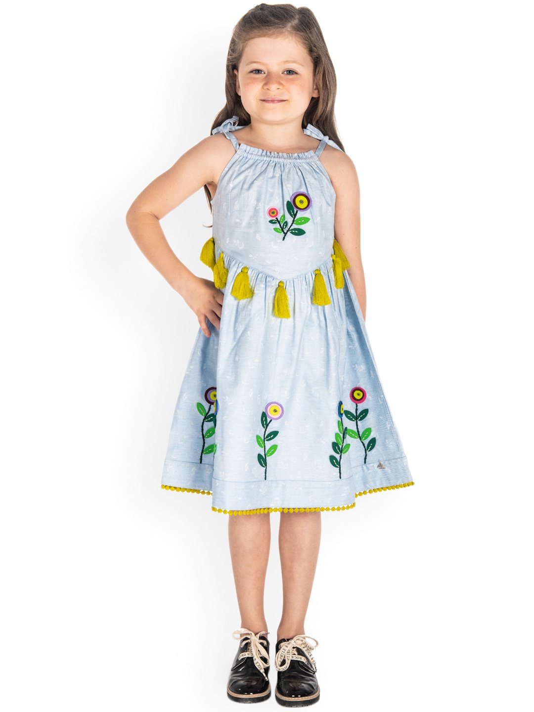 

Cherry Crumble Girls Blue Self Design Fit and Flare Dress