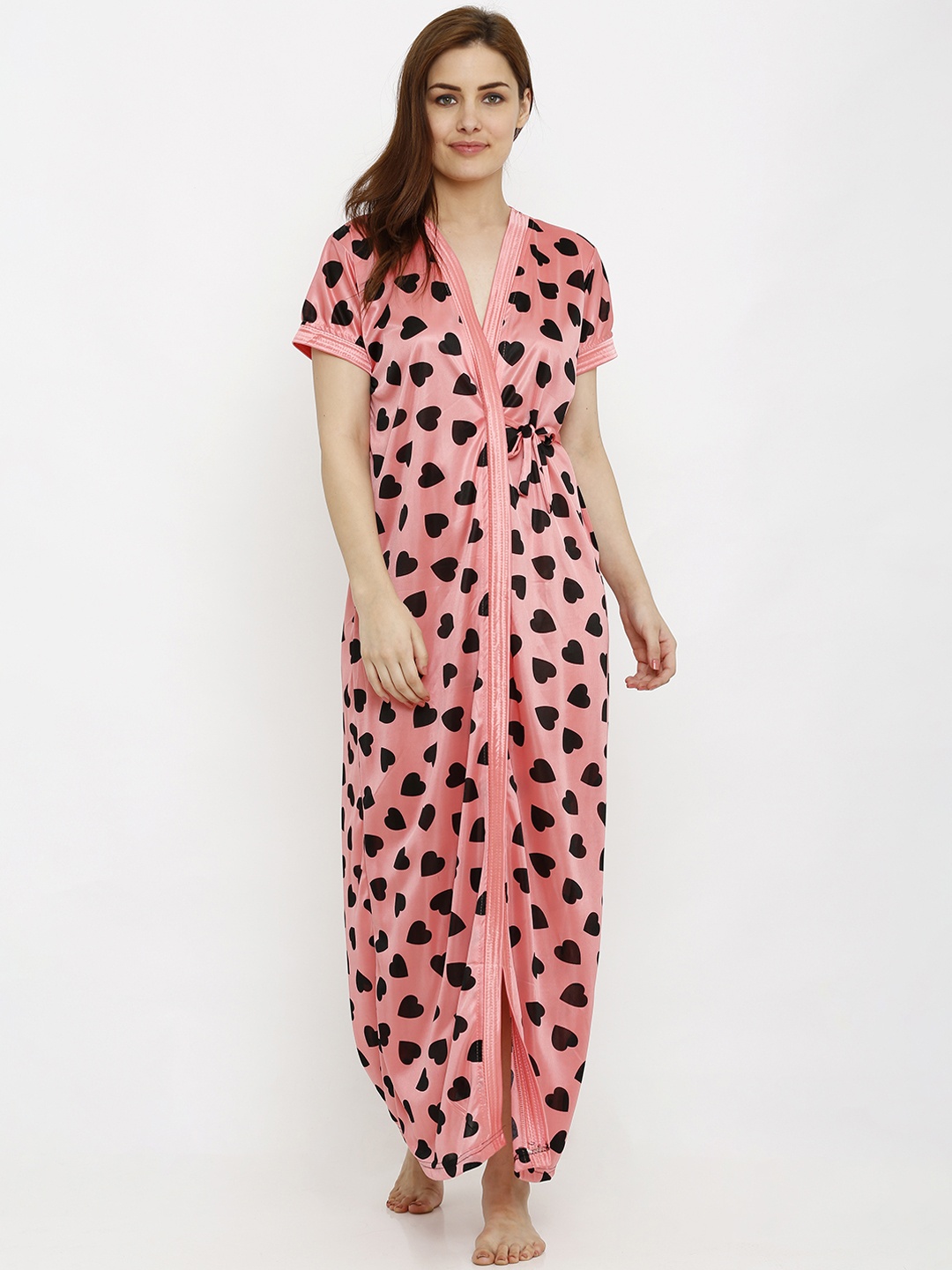 

Pretty Awesome Women Peach-Colured Printed Satin & Silk Robe PTAS217