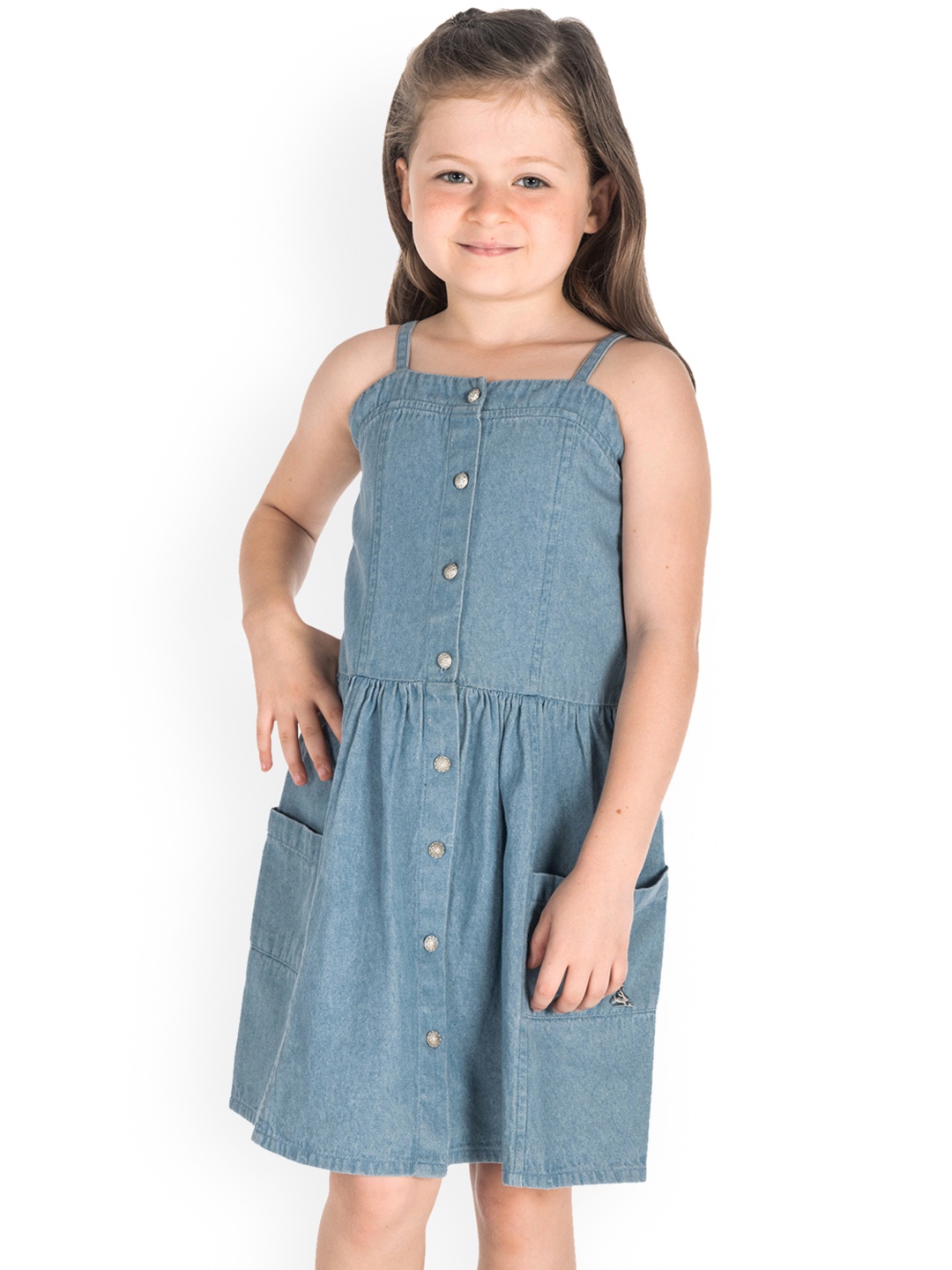 

Cherry Crumble Girls Blue Solid Denim Fit and Flare Dress
