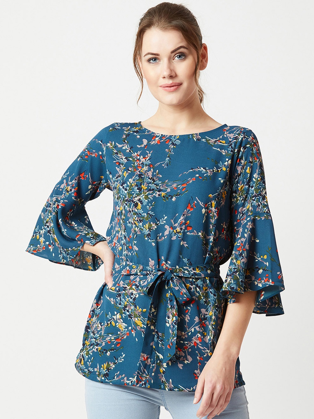 

Miss Chase Women Teal Blue Floral Printed Cinched Waist Top