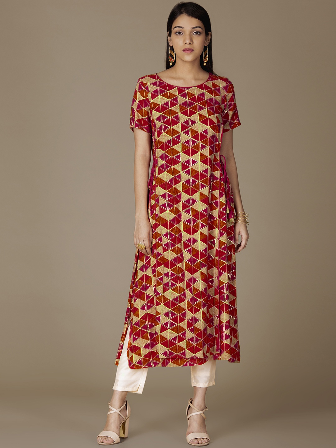 

INDYA Women Orange & Beige Printed A-Line Kurta