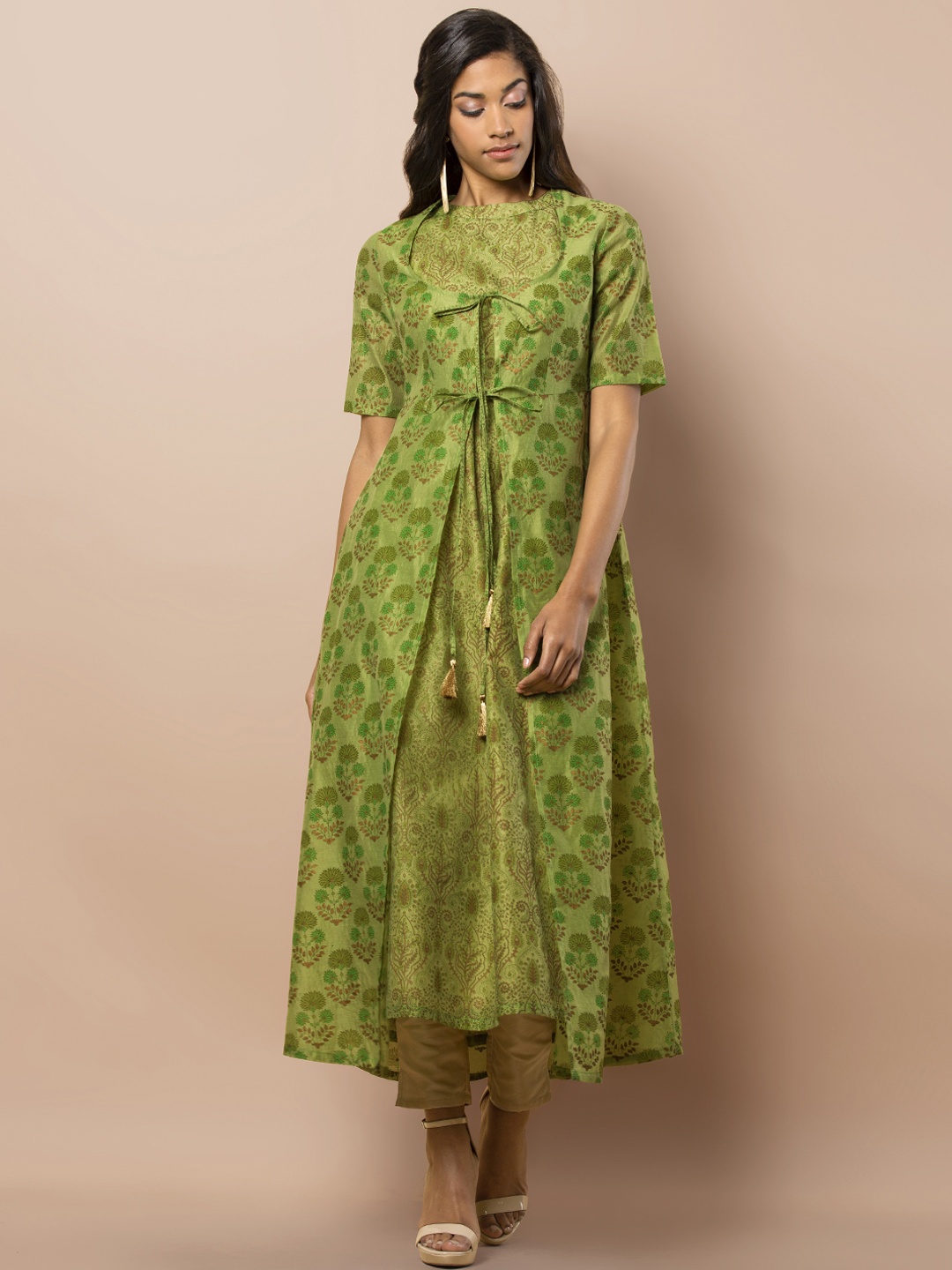 

INDYA Women Green Printed A-Line Layered Kurta with Attached Jacket
