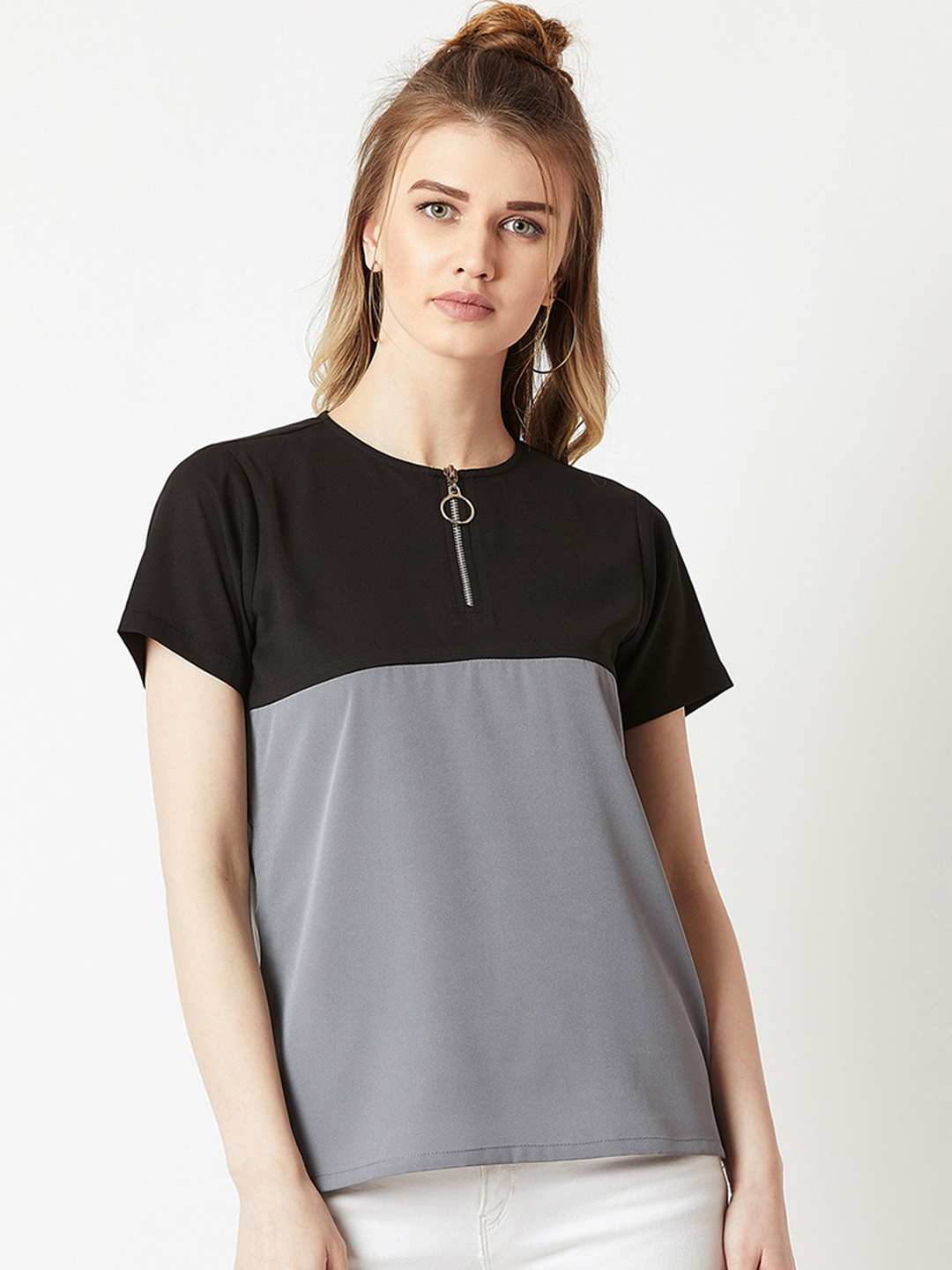 

Miss Chase Women Black & Grey Colourblocked Top
