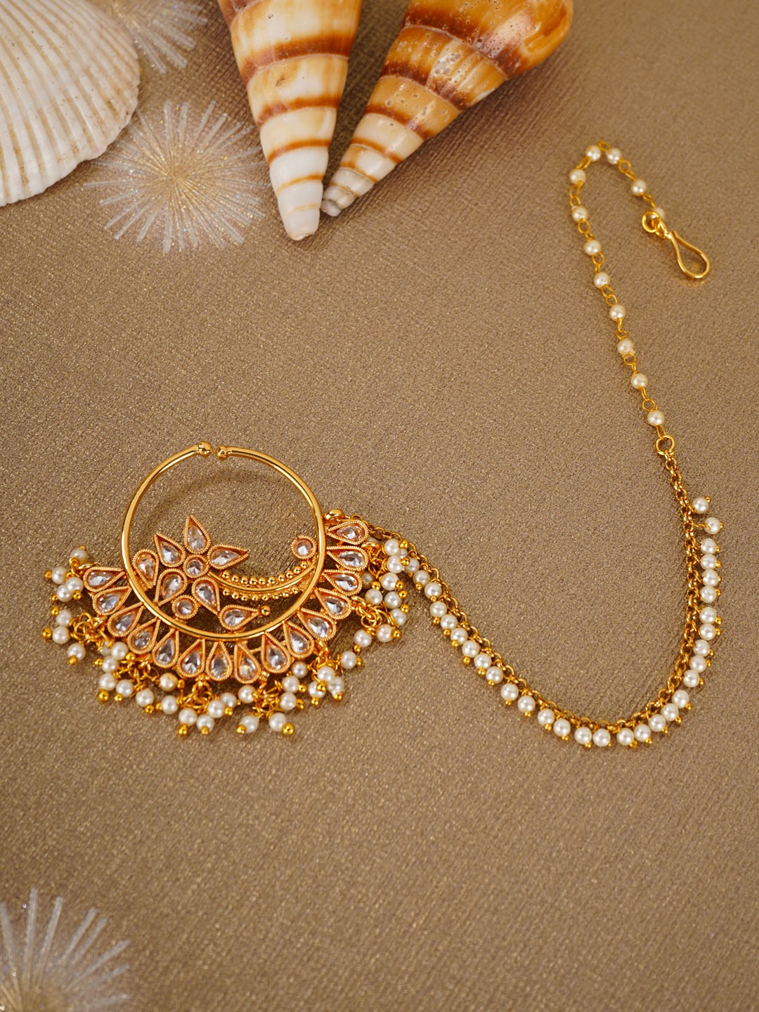 

Priyaasi Women Gold-Plated Kundan Stone-Studded Chained Nose Ring