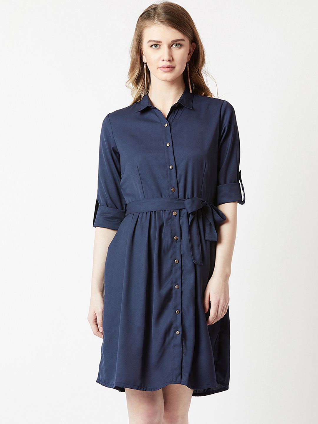 Miss Chase Women Navy Blue Solid Shirt Dress