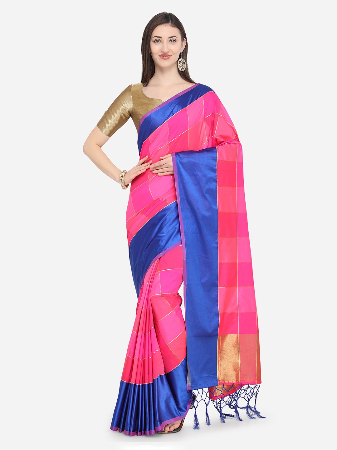 

MOKSHA DESIGNS Blue & Pink Pure Silk Colourblocked Ikat Saree