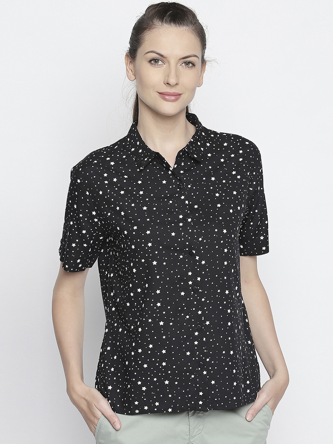 Honey by Pantaloons Women Black Printed Shirt Style Top